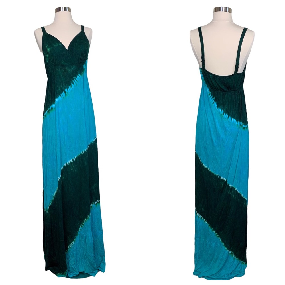Santiki Tie Dye Tyedye Tropical Surplice Neckline Soft Rayon Beachy Maxi Dress L